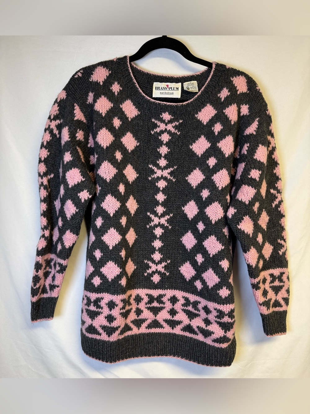 Vintage Wool Charcoal & Pink Knit Patterned Sweater